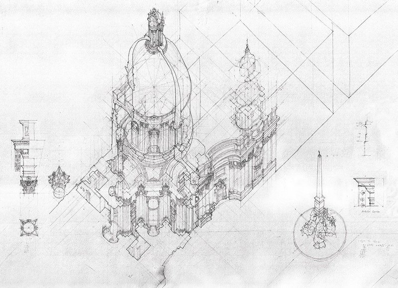 Dualities and Multiplicities. Sant’ Agnese in Agone. Winston Yuen. Pencil on paper 1060 × 680mm