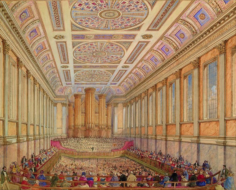 Meeting inside Birmingham town hall, c.1860, artist unknown.