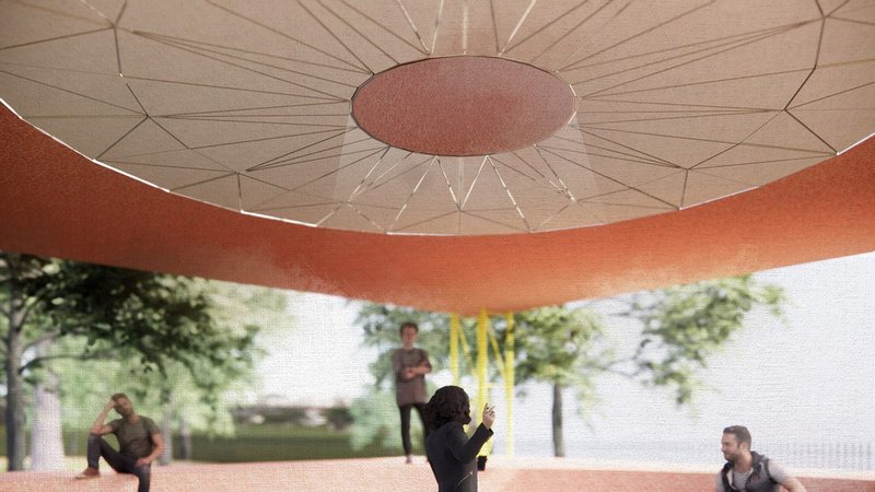 Under the almost-oculus of the pavilion with rougher hessian panels radiating out.