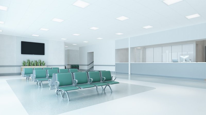 Render of hospital waiting room with Zentia Biobloc Acoustic ceiling tiles: robust antibacterial protection with enhanced acoustic performance.