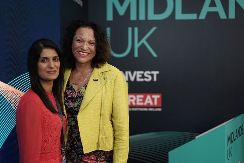 Deborah Cadman, CEO of the West Midlands Combined Authority (right) and Rising Star Kieren Majhail of BDP on the Midlands stand at MIPIM 2019.