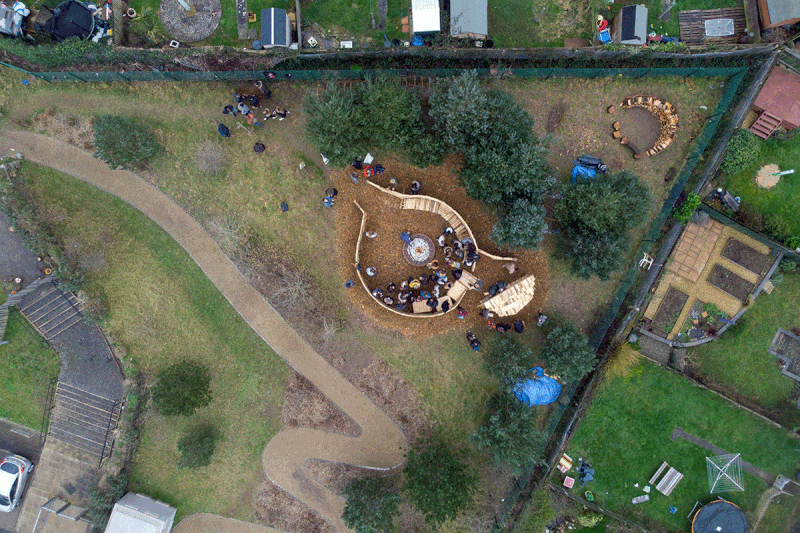 An aerial photo of the outdoor classroom and its fire pit.