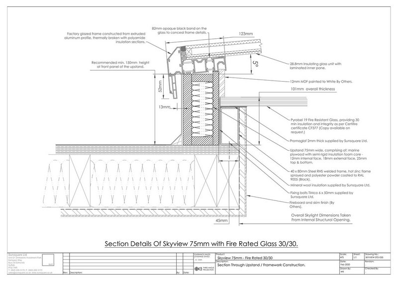 Sunsquare: Section details of Skyview 75mm rooflight with fire-rated glass 30/30.