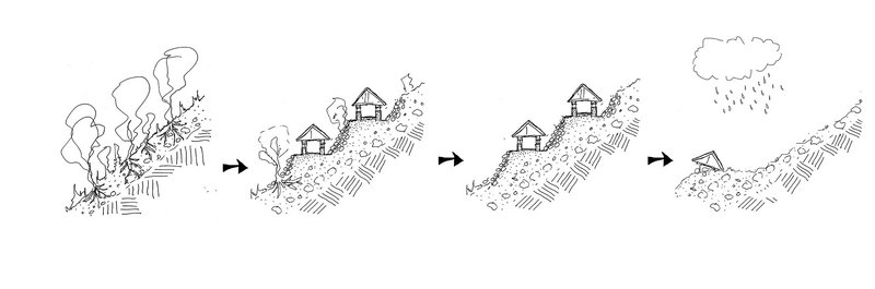 Sketch section showing the sequence of the deforestation that destabilises the hill side-.