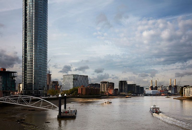 Nine Elms solid and void: the American Embassy is a large cube balancing the space between Battersea Power Station’s chimneys.