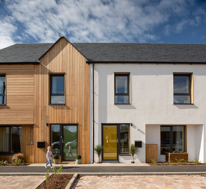 Springfield Terraace, a development of three Passivhoos houses for social rent at St Boswells for Eildon Housing Association. The houses were designed by John Gilbert Architects and built by Stewart & Shields.