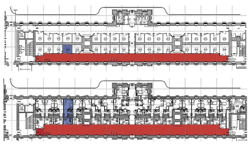 Annotated plan showing the original arrangements (above) and the refurbishment plan (below), with one social corridor removed and replaced by extended bedrooms.