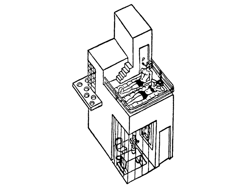 Corb sunbathes on the roof in Lancaster’s vision of 1930s modern living.