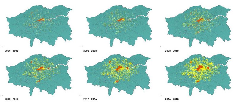 Time series of data mapping showing clustering of an industry sector over time.