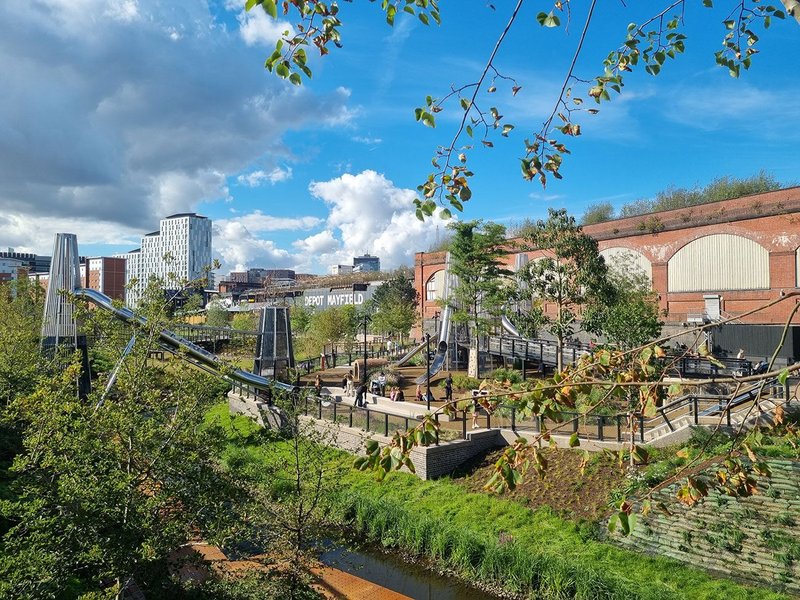 Mayfield Park in Manchester improved biodiversity by 90% and features 6.5-acres of parkland, with 142 trees and 120,000 shrubs and plants.