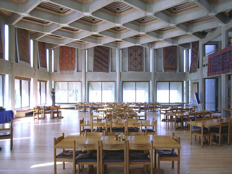 The dining hall of Partridge's 1970 Hilda Besse building at St Antony's College Oxford.