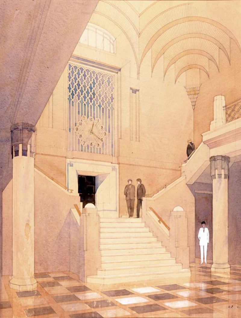 Interior of Port Offices Basra, Iraq. Drawn by J M Wilson. Signed and dated '30.