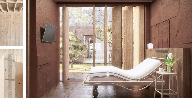 Reimagined hospital room designed to mediate the need for privacy, dignity, and a desire for gathering. The room has a stone core, timber screen and glazed walls.