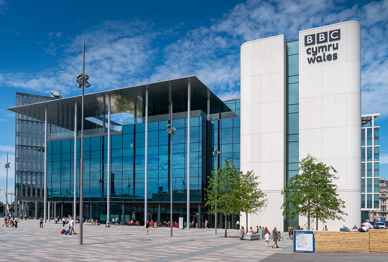 BBC Wales looking north from Central Square. The steel structure base build, clad by Kawneer, forms the centrepiece of the Central Square development.