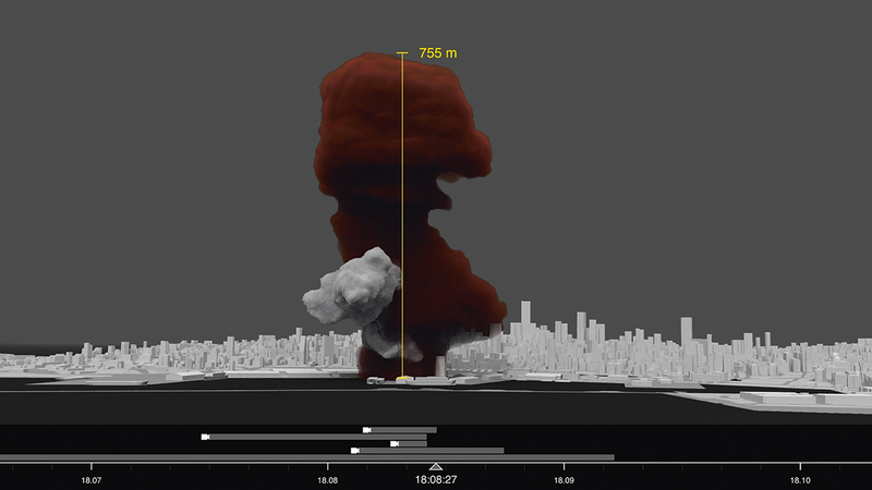 Still from Forensic Architecture’s investigation of the 2020 Beirut Port Explosion, showing the source and height of the ammonium nitrate plume.