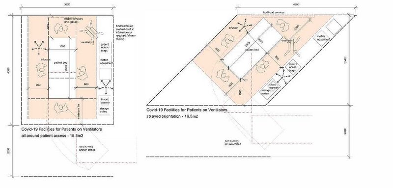 Covid-19 Bed bay layouts from Medical Architecture's design note for the NHS.