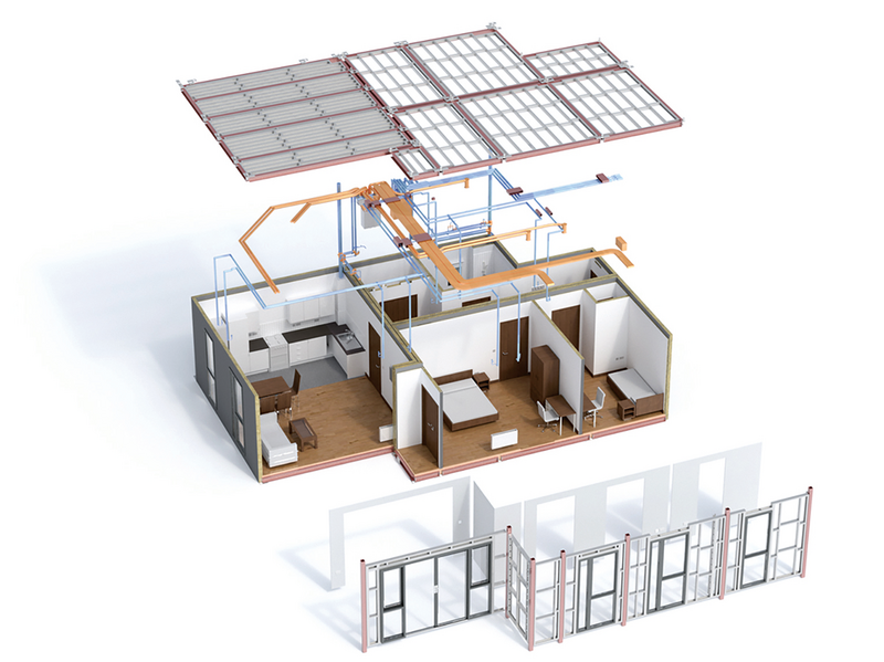 Making the information shareable: this BIM model of a typical two bed flat was used to make three steel-framed volumetric units fabricated off-site. The scheme is for 130 homes for social rent and shared ownership.