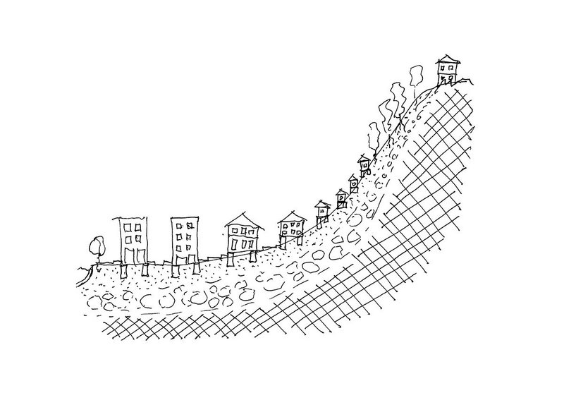 Sketch section of the valley showing the reinforced concrete housing in the valley & more basic earth block houses on the steep slopes in Freetown, Sierra Leone.