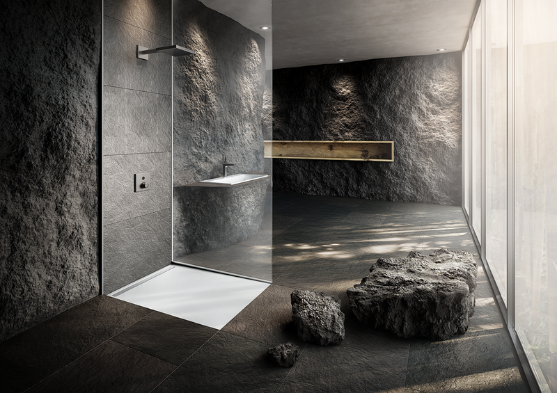 Kaldewei's NexSys shower surface features a narrow stainless steel waste channel.