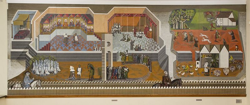 Edward Bawden, section of Canterbury Tales murals, 1957, still visible in Morley College refectory