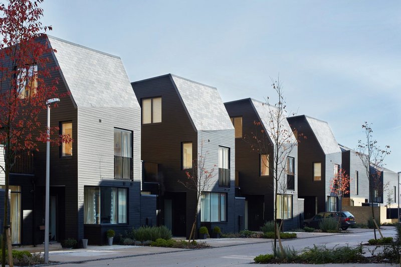 Newhall Be, Harlow. Alison Brooks Architects. Featuring wood cladding and a prefabricated timber construction to make use of roof spaces.