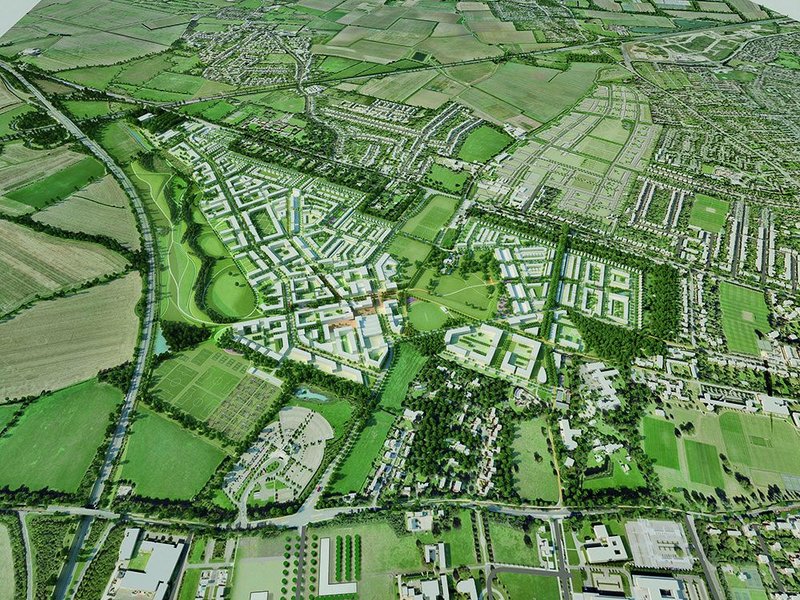 3D visualisation of the North West Cambridge masterplan, looking north.
