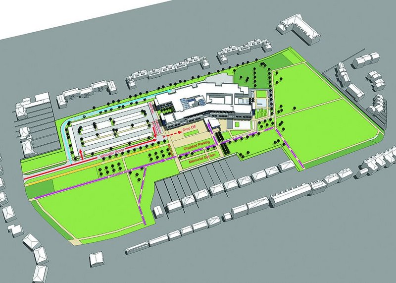 The perspective drawing shows pedestrian approaches through the new health campus.