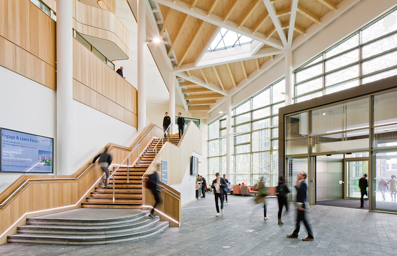 The forum space at the Newcastle University Urban Sciences Building by Hawkins\Brown is naturally ventilated with extensive use of timber. Parametric design was used to make the structural elements as efficient as possible.