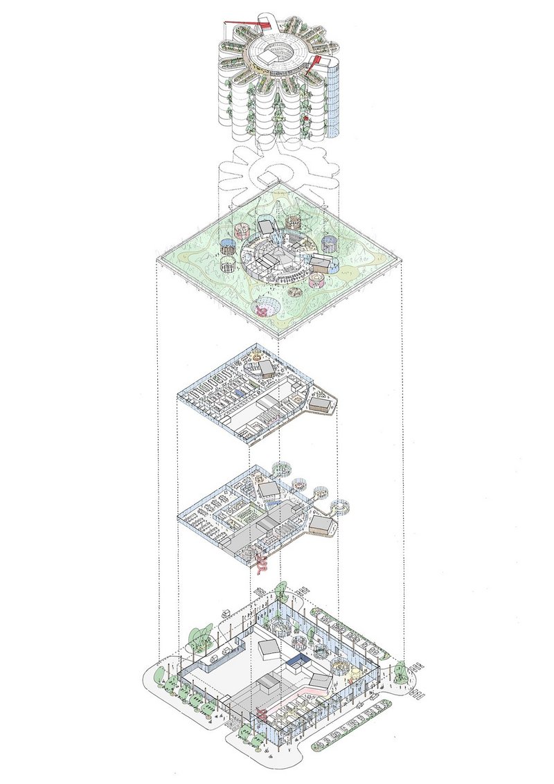 Exploded isometric drawing analysing the components of the podium.