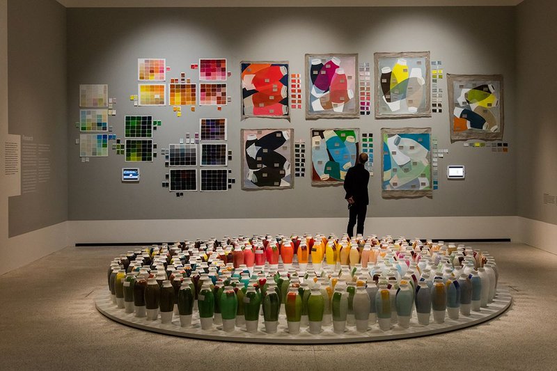 Breathing Colour by Hella Jongerius at the Design Museum, with the Coloured Vases installation in the foreground.