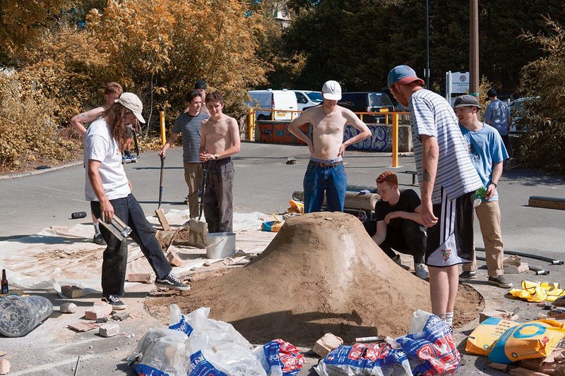 Building a volcano at the Grove.