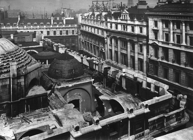The Bank of England, Threadneedle Street, City of London: demolition of the Rotunda and Colonial Office seen from St Bartholomew Lane (image dates from 1925).