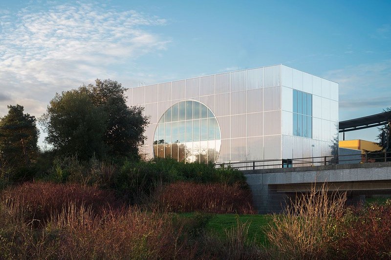 The new MK Gallery extension with its all-seeing window as viewed from Campbell Park. Credit 6a.