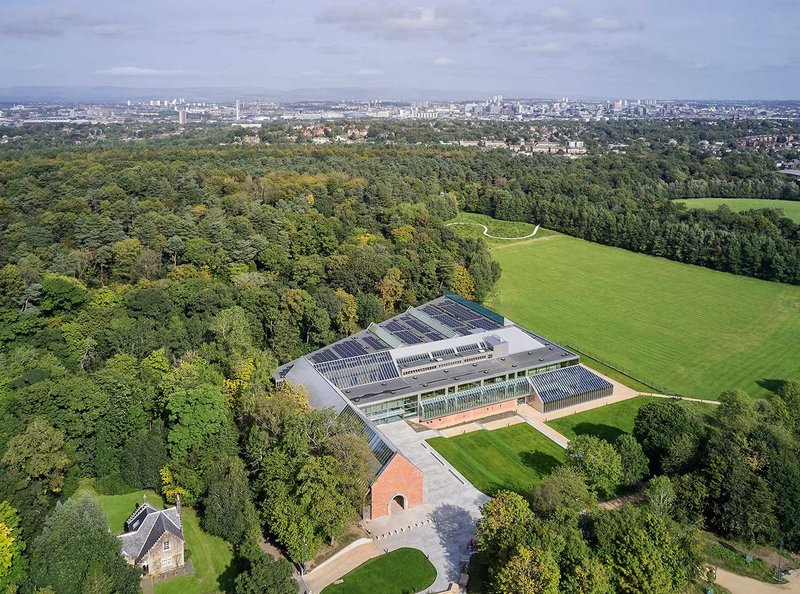 The Burrell Collection. From above it is clear how the galleries to the north sit alongside the woodland edge.