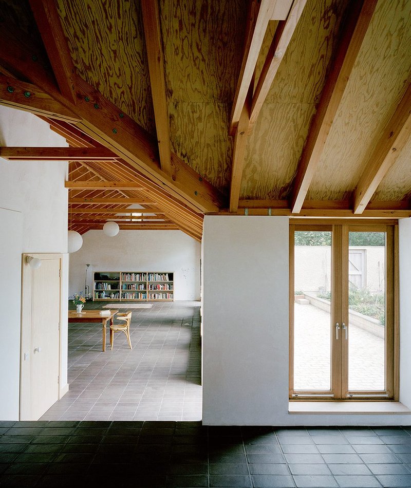 From the corner of the L-plan Farmworker’s House designed by Hugh Strange Architects.