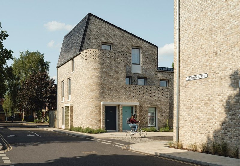 Goldsmith Street is a timber frame scheme of 100 sustainable, community oriented socially rented homes for Norwich City Council, which won the RIBA Stirling Prize in 2019. Photographer: Tim Crocker