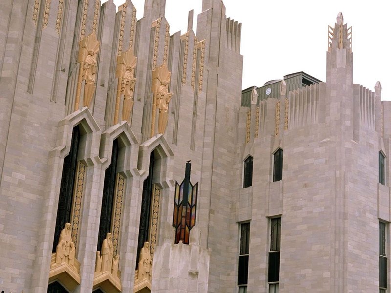Boston Avenue Methodist Episcopal Church in Tulsa, Oklahoma, designed by Bruce Goff (1926). From Goff in the Desert, a film by Heinz Emigholz (2003).