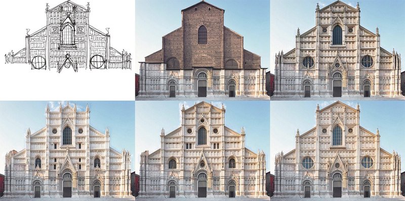 Five elevation studies of Milan Cathedral, each with subtle stylistic differences, created from one sketch.