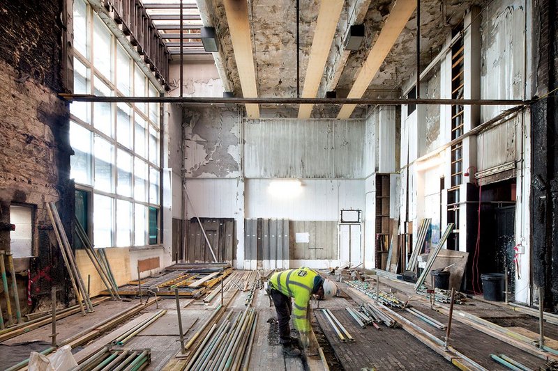 West wing first floor studios during the strip out. Note the absence of Mackintosh’s original roof light ‘dwangs’.