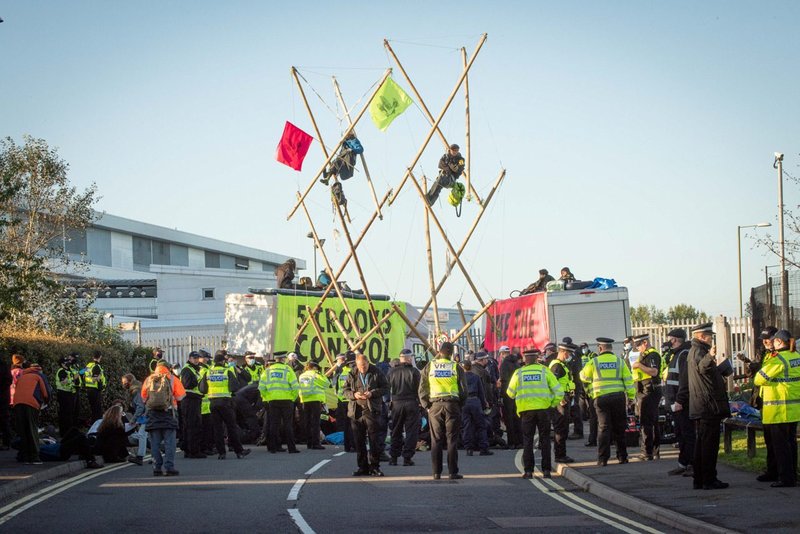 Extinction Rebellion activists created bamboo protest ‘Beacons’ using tensegrity principles to block the printing presses of billionaire Rupert Murdoch as part of their ‘Free the Press’ action.