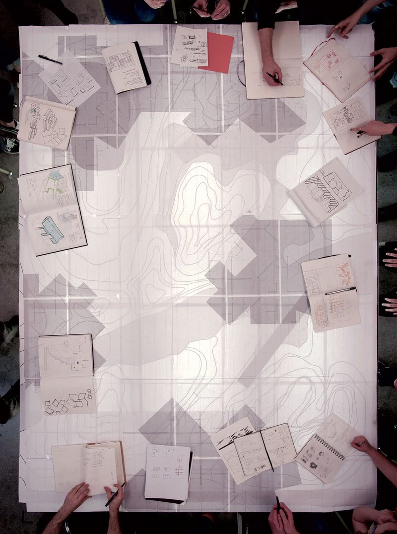 Day 3: Aerial view of one of our gatherings around the table surface with work-in-progress by two of the four ensembles, showing ‘Land’ and ‘Rooms’ overlayed into one topography.