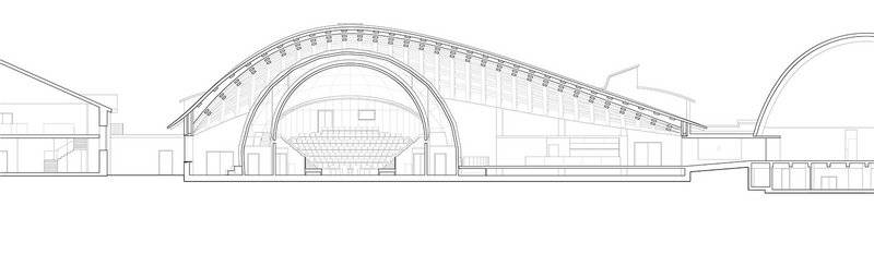 Long section showing the dome and parabolic roof.