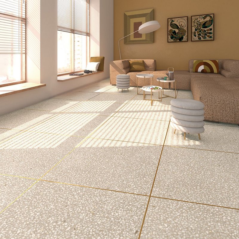 Portofino by Vives - porcelain wall and floor tiles in a terrazzo effect with metallic edges in four colours and four formats. Frost resistant, suitable for interior and exterior use. www.vives.com