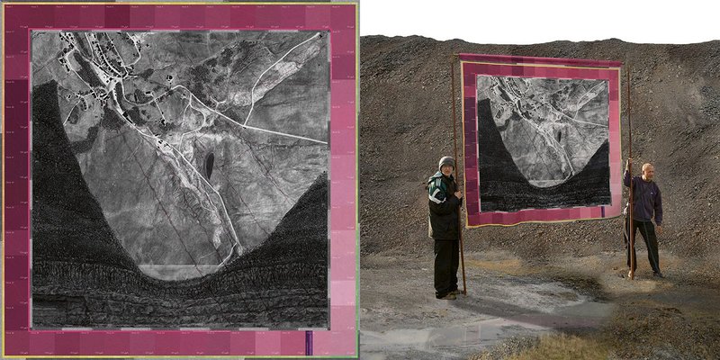 Extraction. Charcoal, pansy dyes, paint, acetone transfer, archival photography and metal thread on fabric; 1500mm x 1500mm.