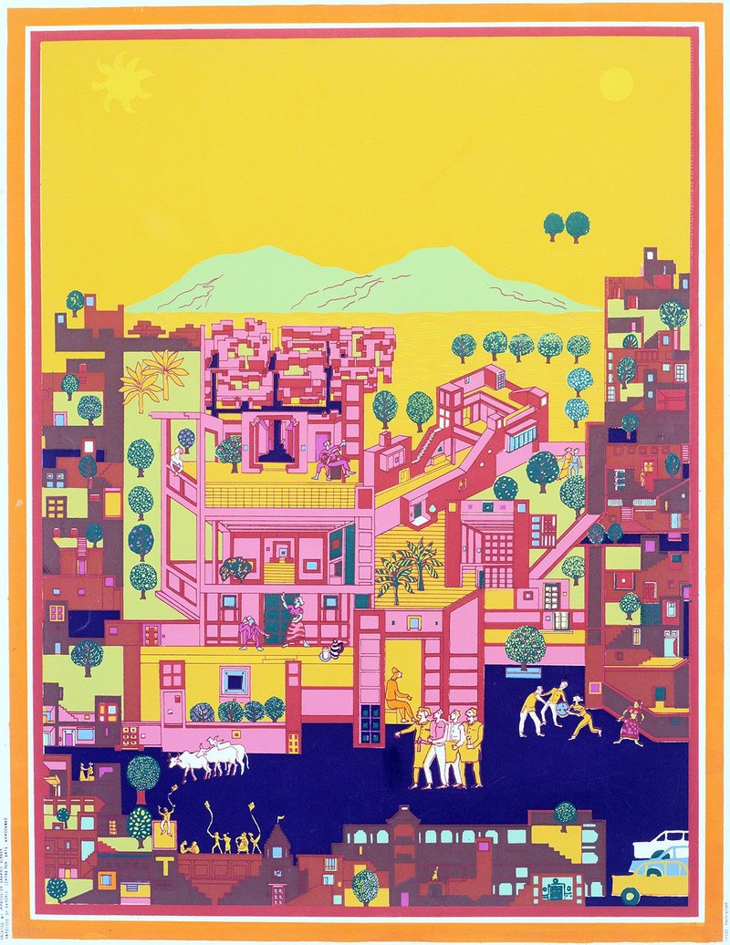 Balkrishna Doshi’s concept drawing of his urban masterplan for Vidhyadhar Naga in Jaipur, Rajasthan, India (1980). For this 1980s new town just outside Jaipur, this drawing by B.V. Doshi alludes cleverly to the latter’s reputation as ‘the pink city’.