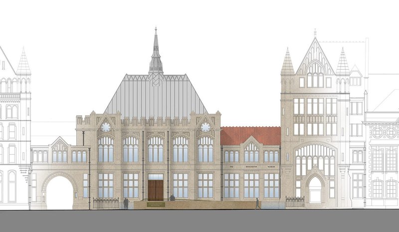 The new museum entrance in the Haworth Building replaces the old entrance in the annexe (right) and the former one via the arch (left).