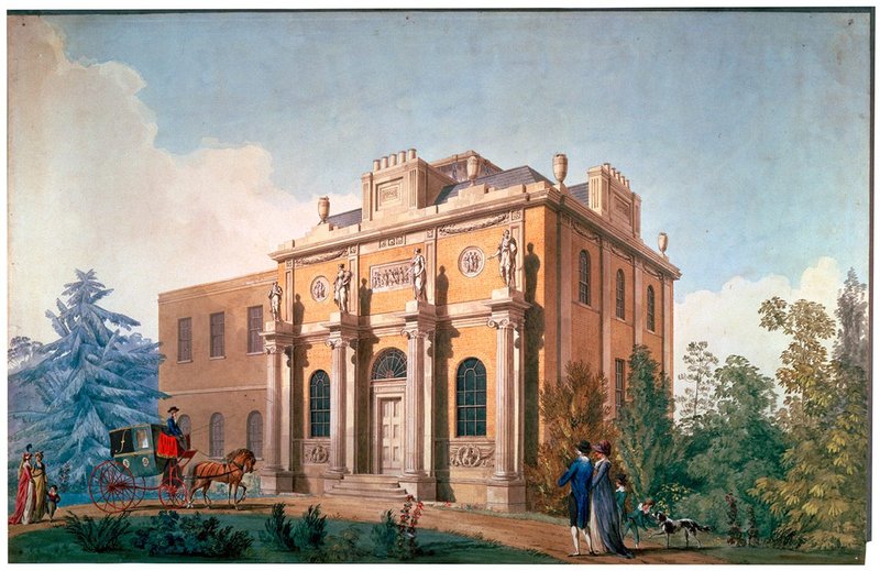Royal Academy exhibition drawing of a perspective of Pitzhanger Manor, Ealing, 1801, by Joseph Michael Gandy with figures by Antonio Van Assen for Sir John Soane.