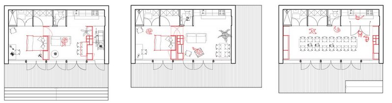 The pavilion shown in its student, young professional and ‘party-time’ configurations.