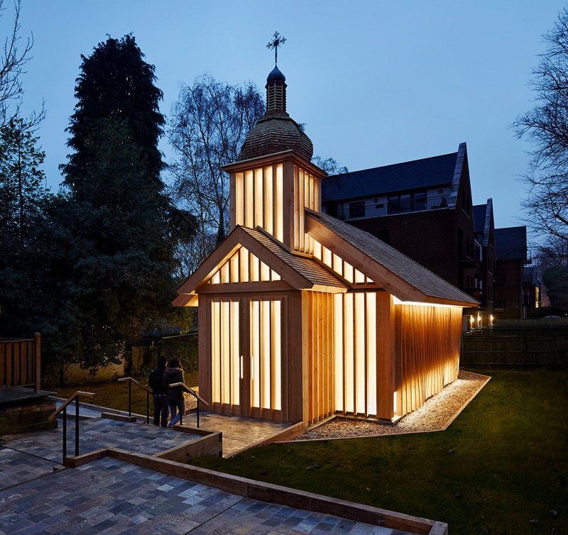 After dark, the chapel becomes a glowing beacon when internally lit.