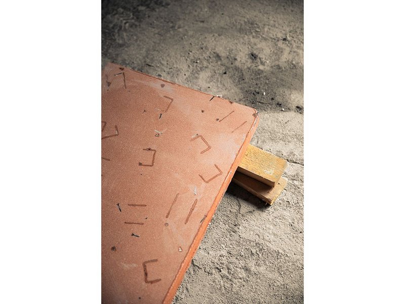 The pink terrazzo includes powdered London brick and pieces of waste metal and timber sourced in Mallorca